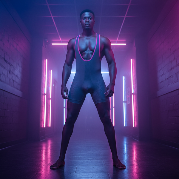 Front-facing muscular person models a dark blue sleeveless jumpsuit with pink trim