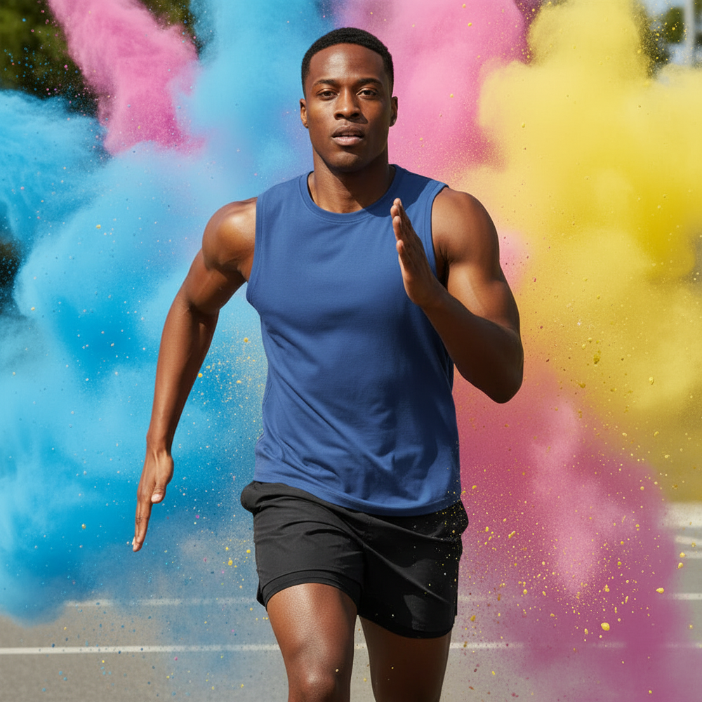 Person running in a blue sleeveless athletic tank top and black shorts amid colorful powder