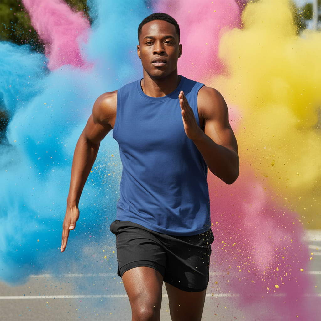 Person running in a blue sleeveless athletic tank top and black shorts amid colorful powder