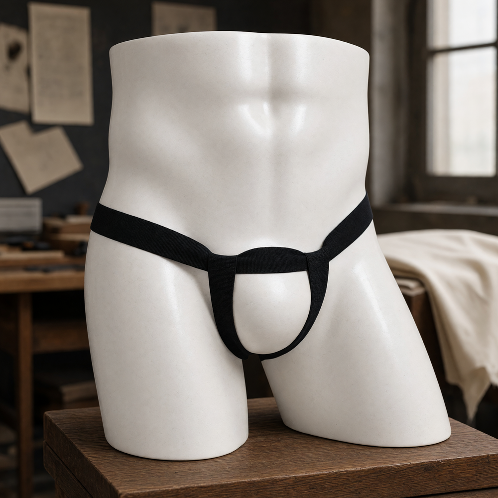 Black Men's Temptations open-front lingerie on a white display mannequin in a softly lit bedroom