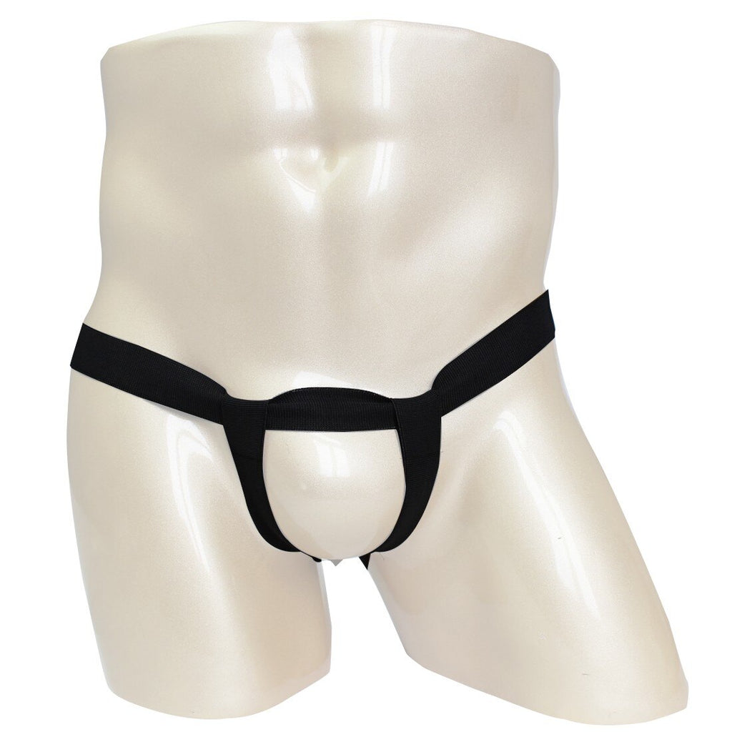 Front view of a black men's jockstrap with a supportive pouch on a mannequin