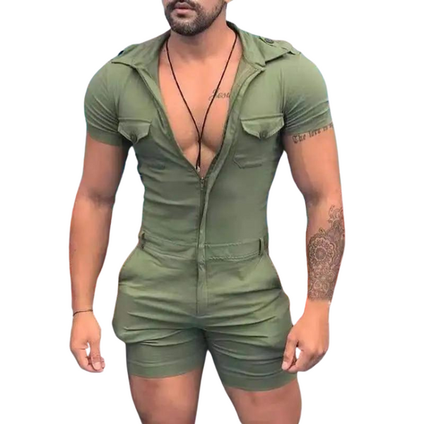 Front-facing muscular person wearing a fitted olive-green short-sleeve romper with zipper