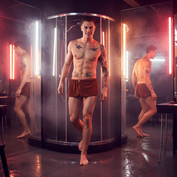 Tattooed person wearing brown towel shorts, standing barefoot in a mirrored shower room
