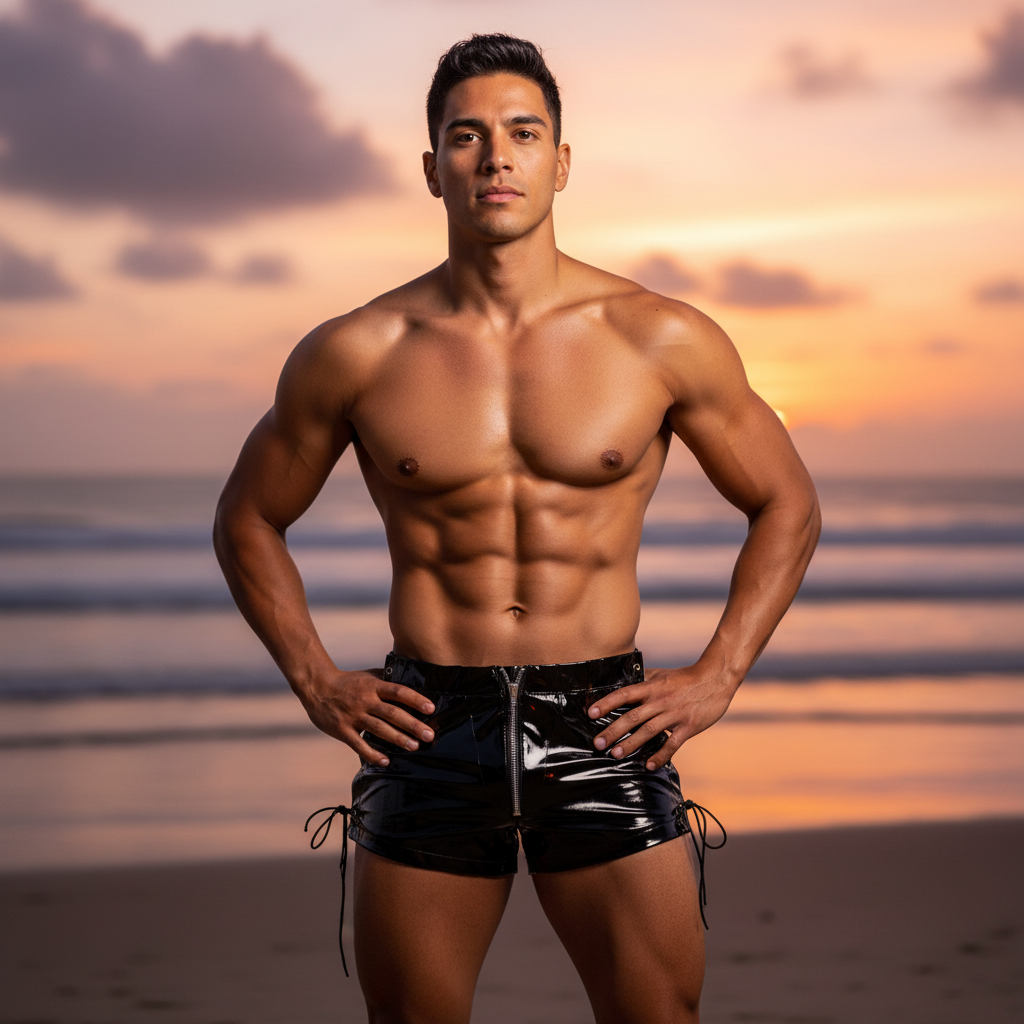 Shirtless model wearing shiny black zip-front shorts at a beach sunset