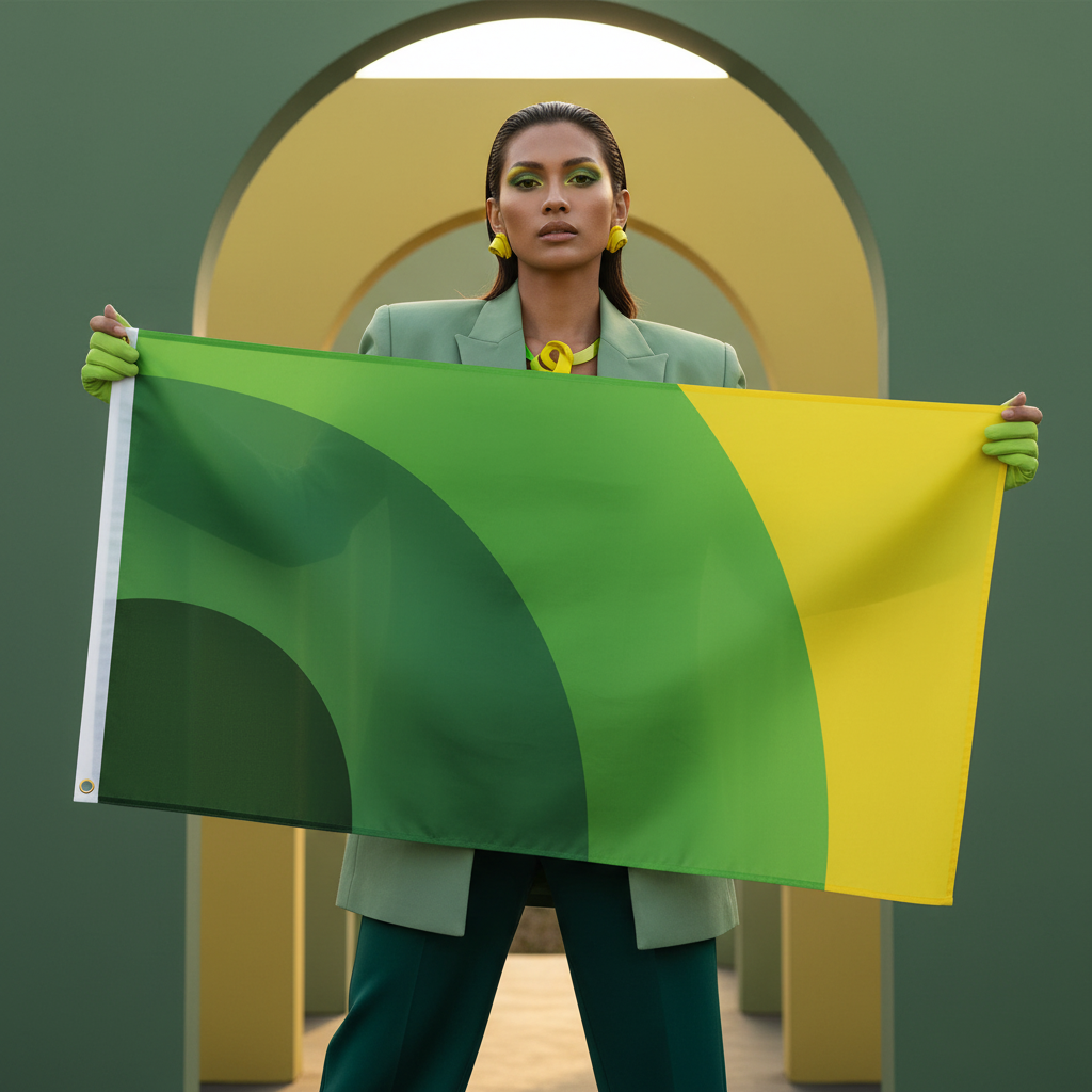 Person holding a green-and-yellow Mental Health Pride Flag toward the camera