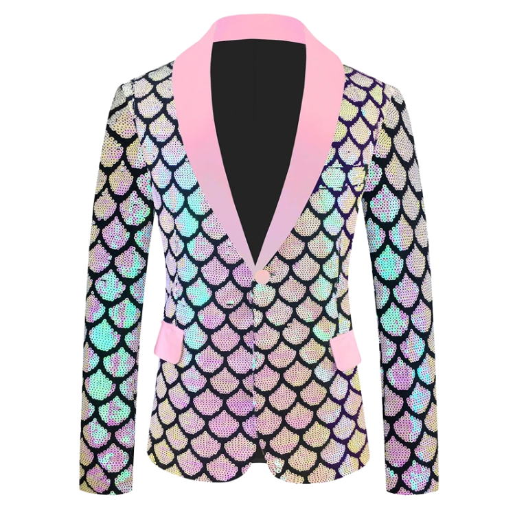 Shimmering black blazer with iridescent scallop pattern, pink lapels, cuffs, and pockets