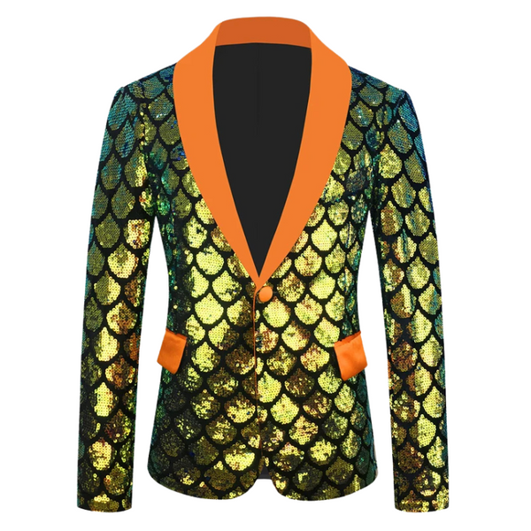Front-facing sequin blazer with green-gold scale pattern and bright orange shawl collar