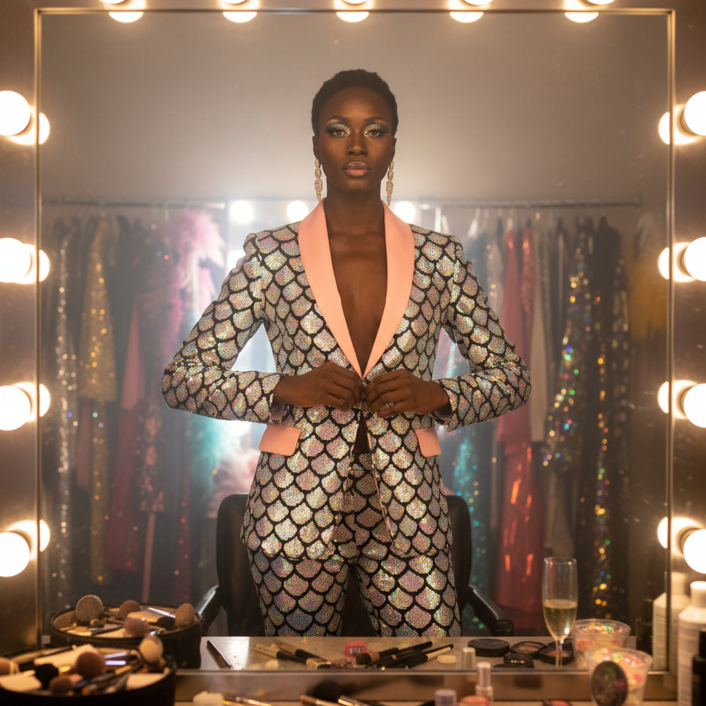 Mermaid Chic Shimmer Blazer with bold pink lapel, worn by a confident person at a lit vanity, makeup, costumes