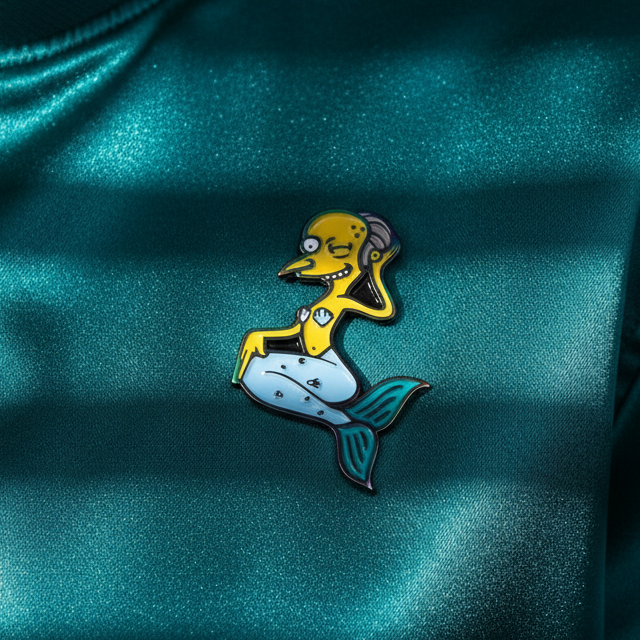 Mermaid Mr. Burns enamel pin with yellow character, pale blue tail, and teal fins