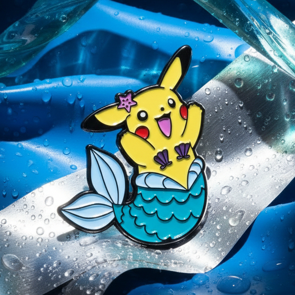 Mermaid Pikachu enamel pin with a turquoise fish tail and lavender star hair clip