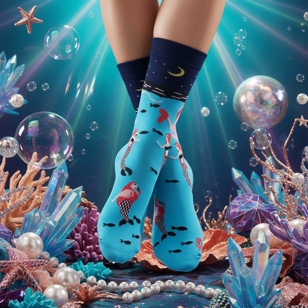 Unisex Mermaid Socks, blue with pink mermaids, fish, and sea plants, above a teal underwater scene of crystals, shells, and orbs.