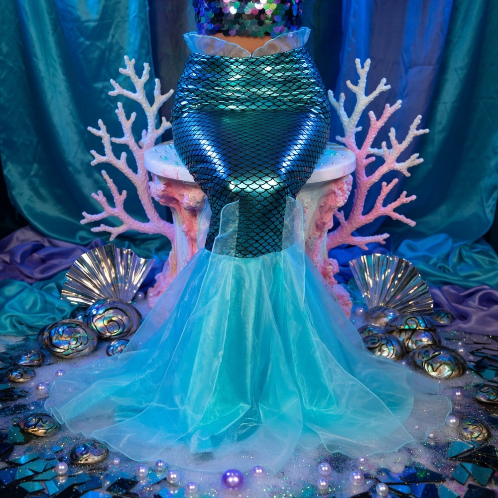 Front view of a blue mermaid-tail costume displayed on a mannequin in an ocean-themed set