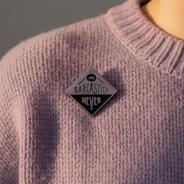 Enamel pin reading “SARCastic? NEVER” attached to a mauve knit sweater