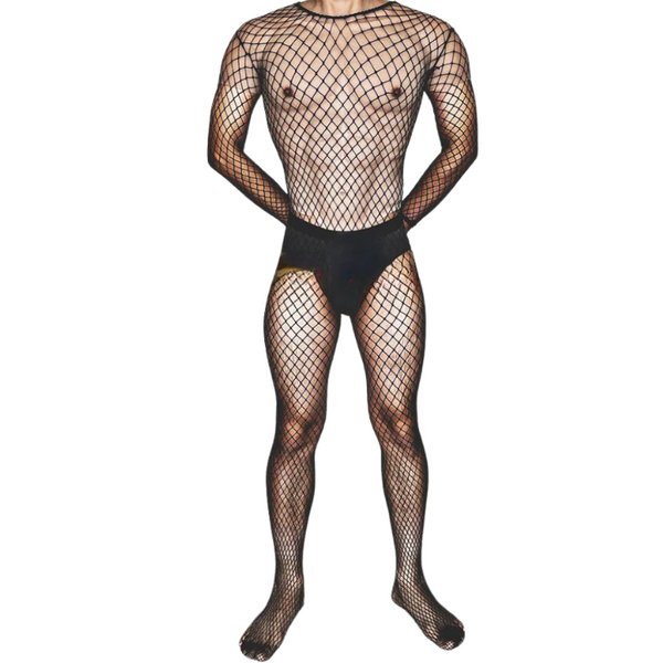 Front view of a model wearing a black fishnet long-sleeve bodysuit with attached stockings