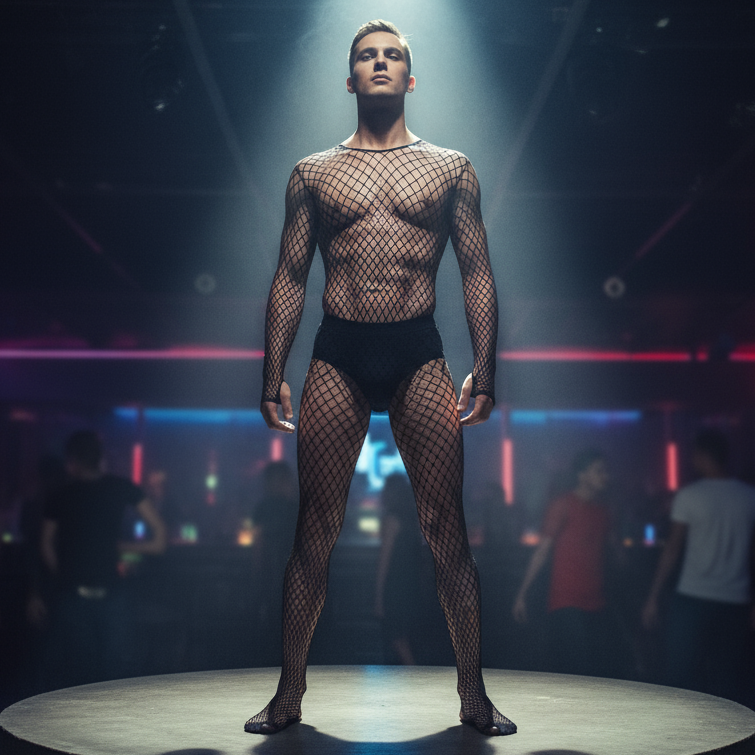 Front-facing person on a nightclub stage wearing a black fishnet bodysuit with briefs