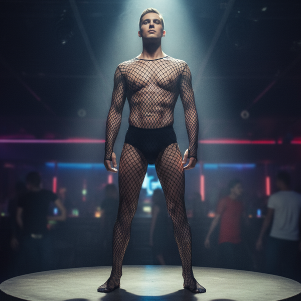 Front-facing person on a nightclub stage wearing a black fishnet bodysuit with briefs