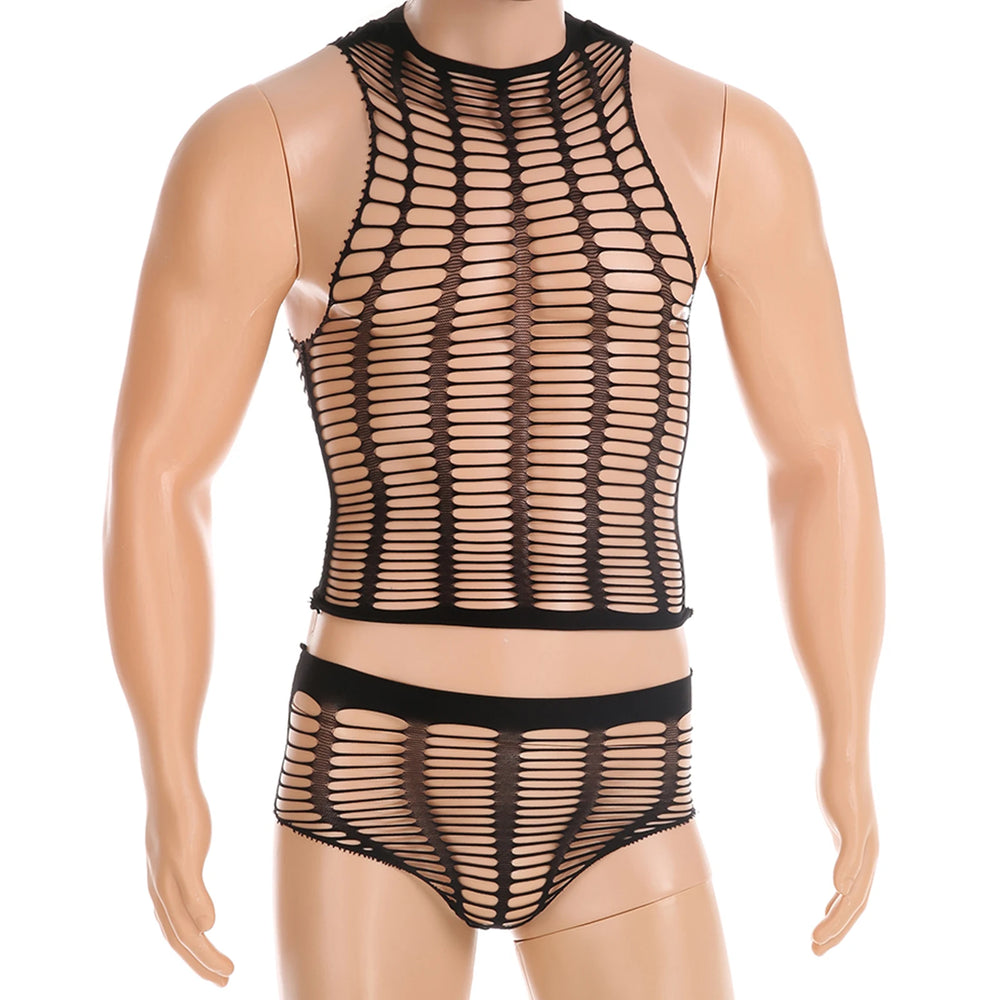 Front view of a mannequin wearing a black cutout mesh top and matching brief