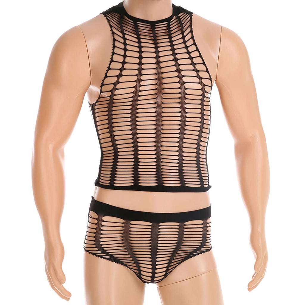 Front view of a mannequin wearing a black cutout mesh top and matching brief