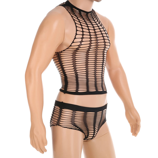 Front view of a mannequin wearing a black open-weave mesh crop top and matching briefs