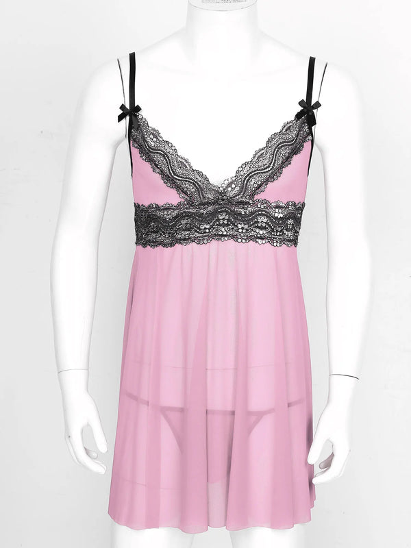 Front-view mannequin wearing a pink sheer babydoll nightgown with black lace and bows