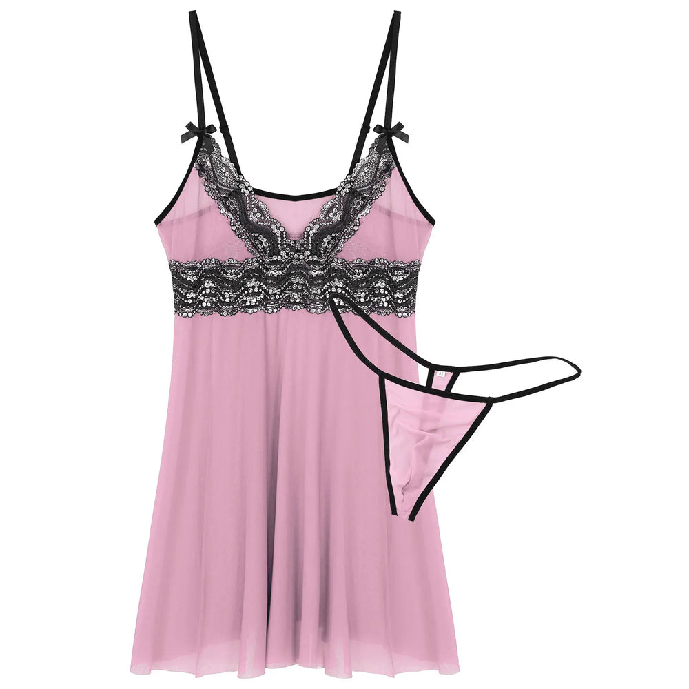 Front-facing flat lay of a pink sheer babydoll with black lace trim and matching thong