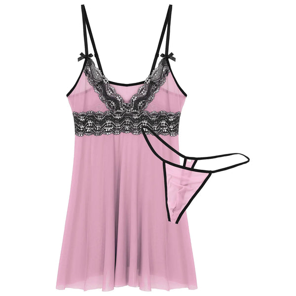 Front-facing flat lay of a pink sheer babydoll with black lace trim and matching thong