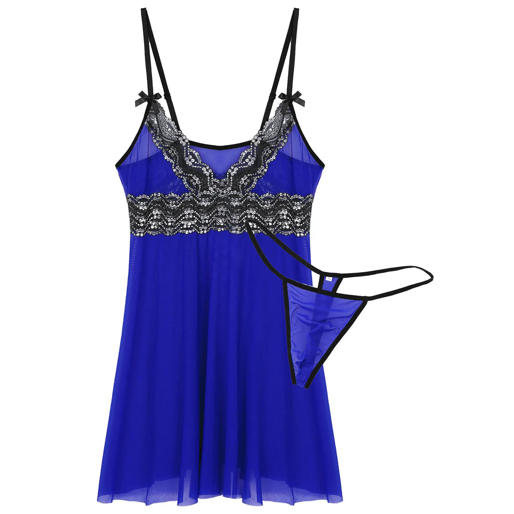 Front-facing royal-blue sheer babydoll nightgown with black lace and matching thong