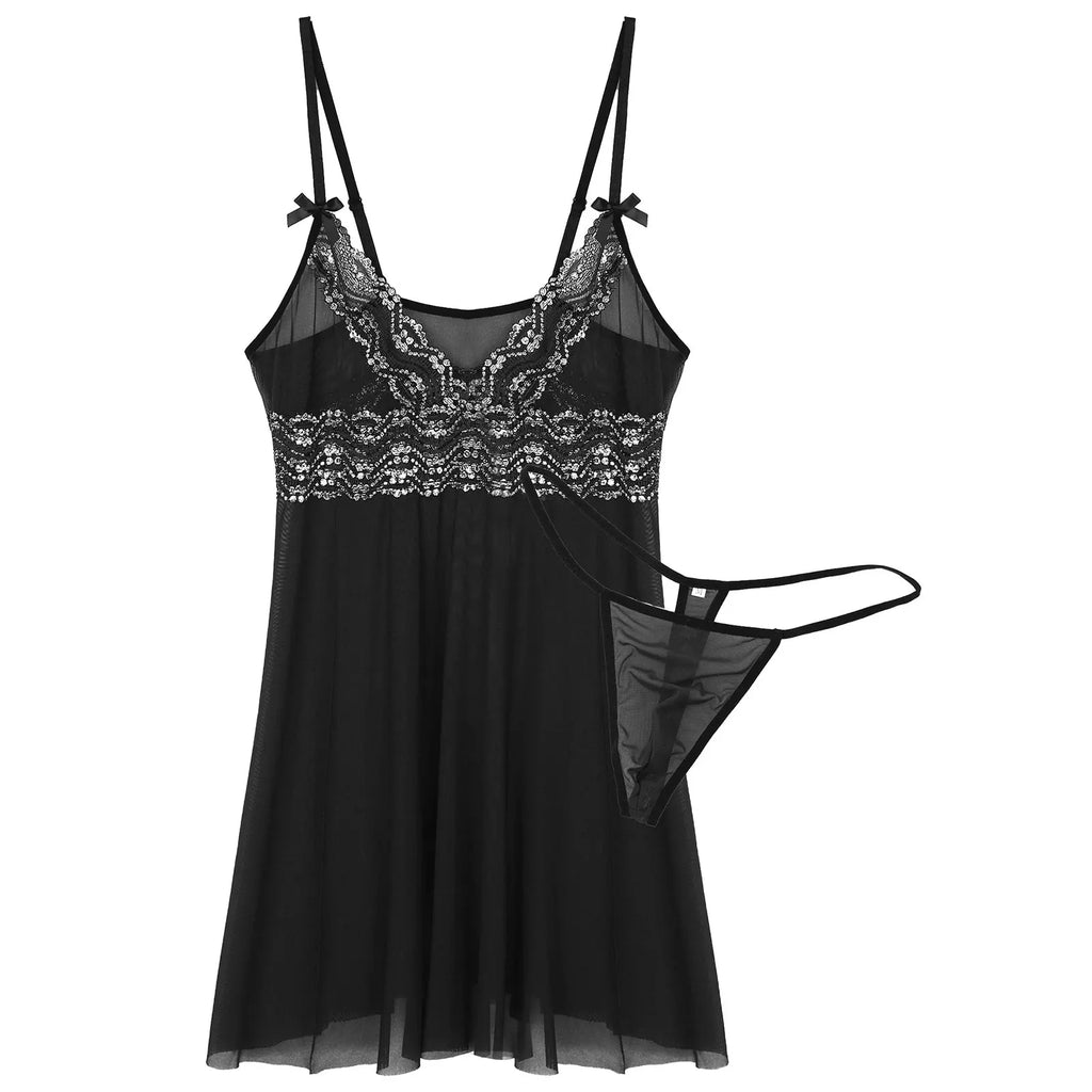 Flat-lay black sheer lace-trimmed babydoll with matching thong and bow-detailed straps