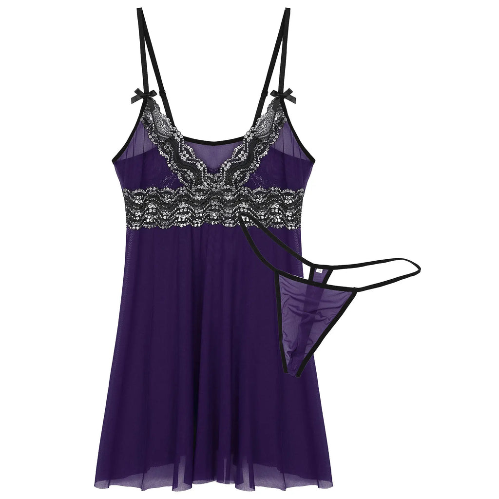 Front-facing purple mesh babydoll with black lace trim, bows, and matching thong