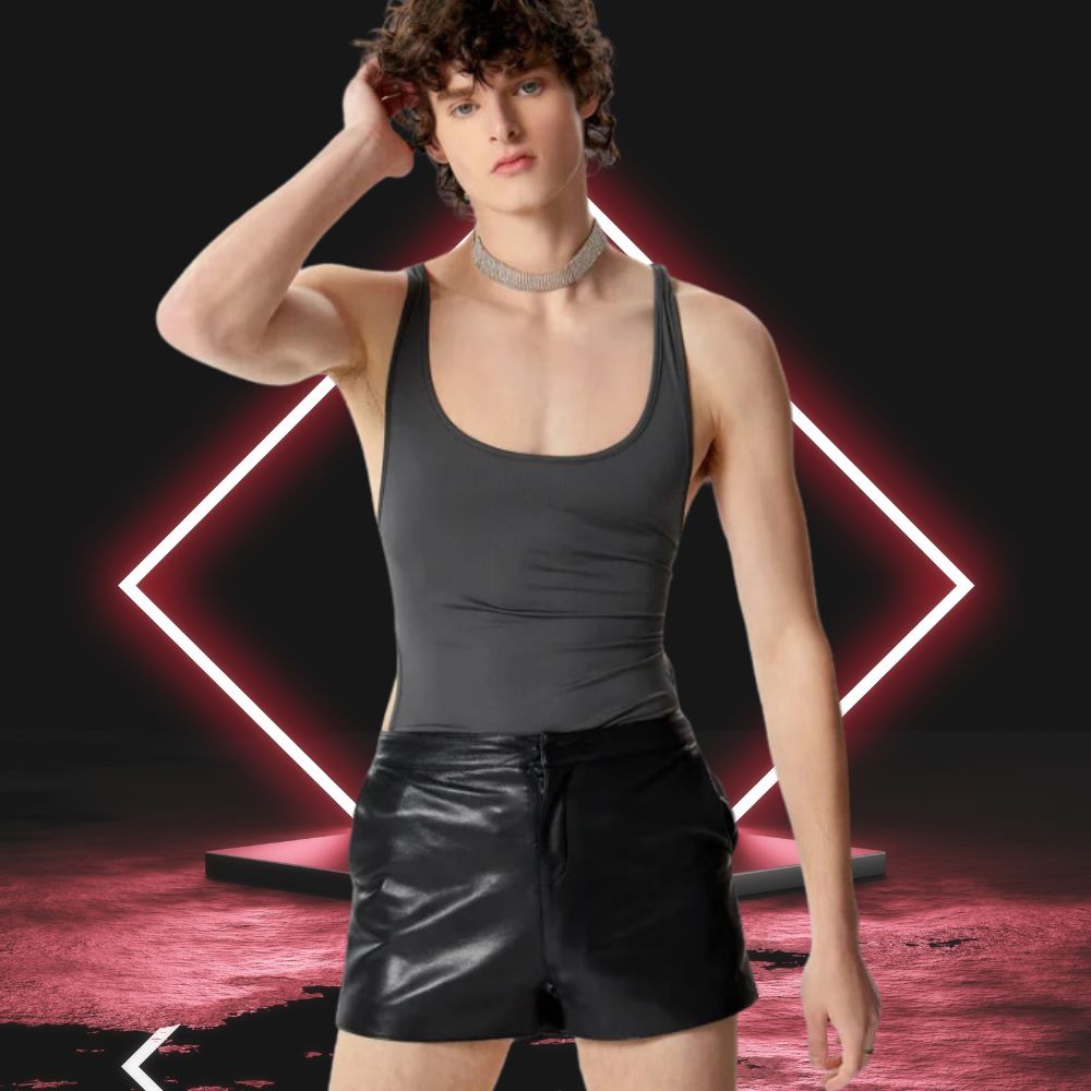 Front-facing model wearing a black scoop-neck bodysuit with wide shoulder straps