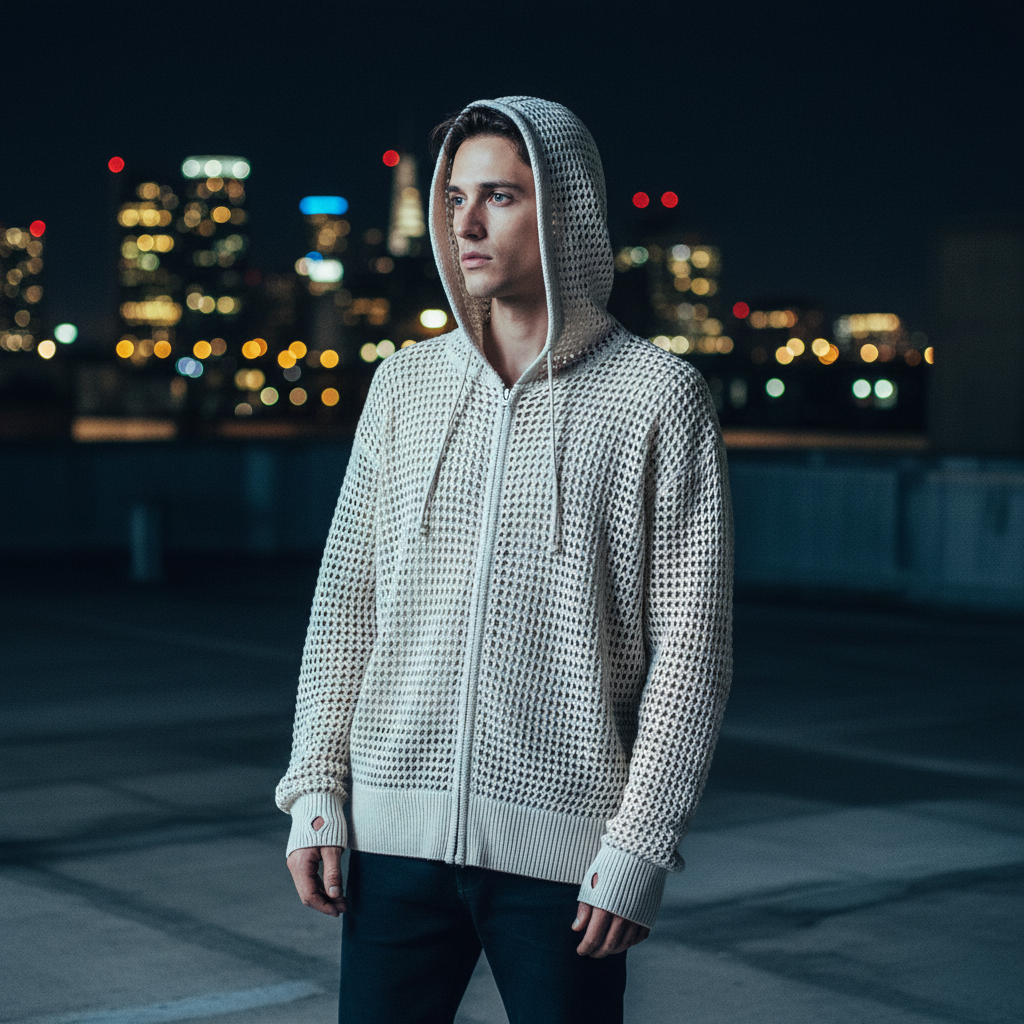 Mesh Hooded Sweatshirt worn by a person on a rooftop at night, city lights behind them