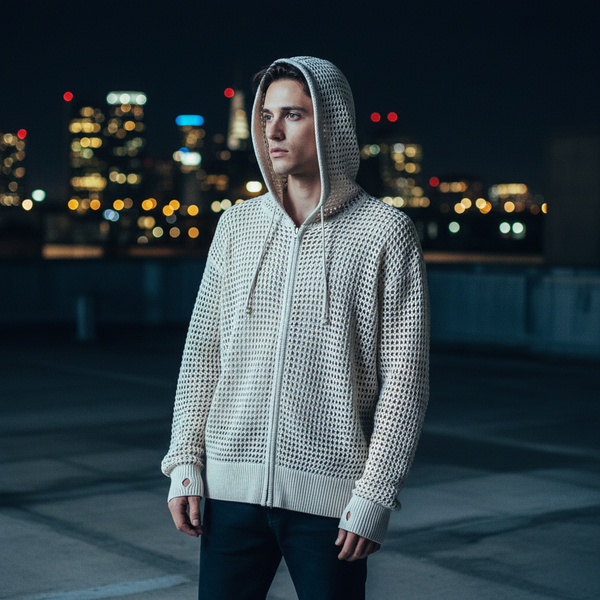 Mesh Hooded Sweatshirt worn by a person on a rooftop at night, city lights behind them