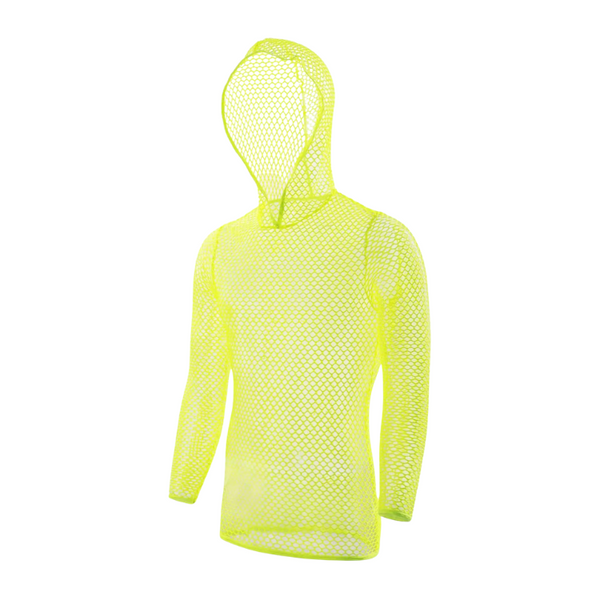 Neon yellow mesh hooded long-sleeve shirt on a white background