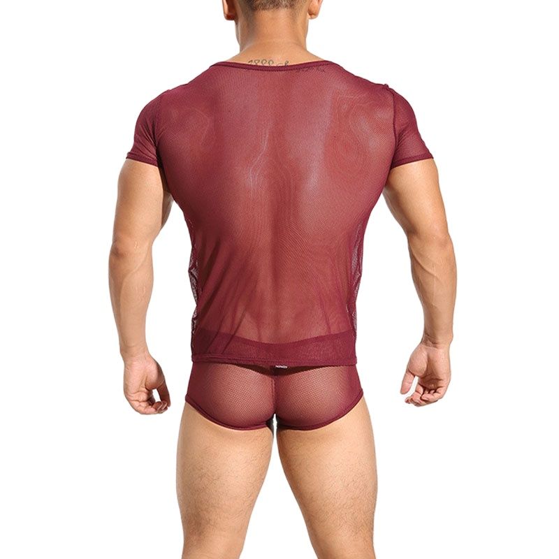 Rear view of a muscular model wearing a burgundy sheer mesh T-shirt and briefs