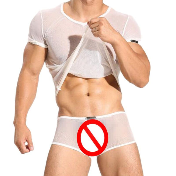 Cropped model lifting a sheer white mesh shirt above matching briefs