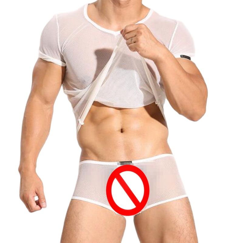 Cropped model lifting a sheer white mesh shirt above matching briefs