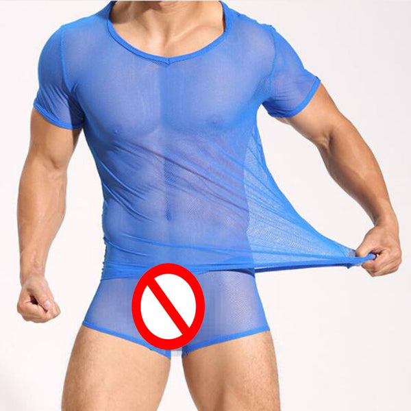 Cropped model in a sheer blue mesh short-sleeve top and matching briefs, pulling the hem outward