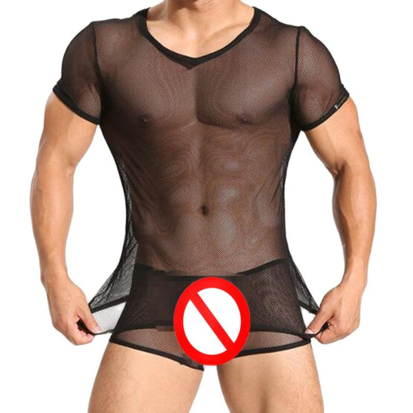 Front view of a model wearing a sheer black mesh short-sleeve lingerie set