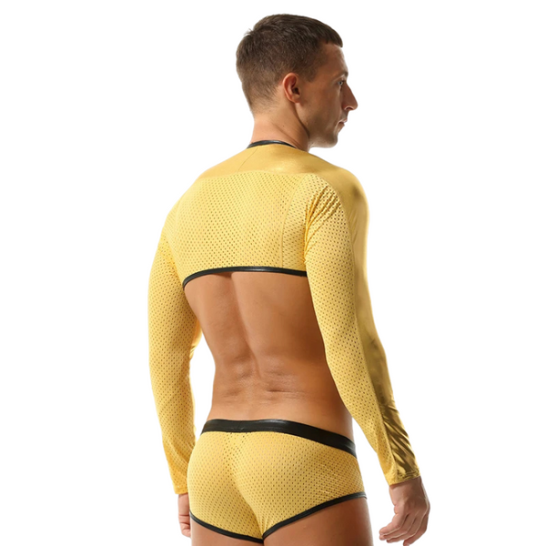 Rear three-quarter view of a person wearing a yellow mesh crop top with an exposed back