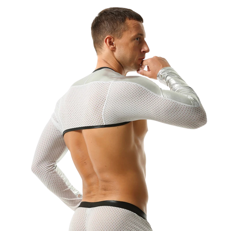 Back view of a model wearing a sheer white mesh crop top with long sleeves