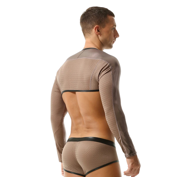 Rear view of a person modeling a sheer mesh long-sleeve crop top with an open back