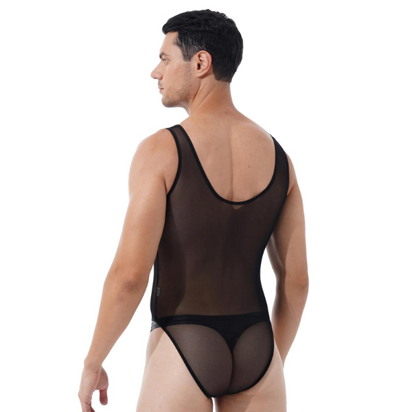 Rear three-quarter view of a person wearing a sheer black mesh bodysuit with thong back