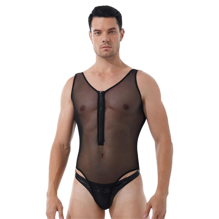 Front-facing model wearing a black sheer mesh bodysuit with a front zipper and strappy brief