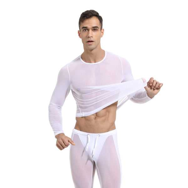 Model lifting a sheer white long-sleeve mesh shirt to reveal their torso