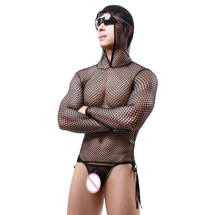 Model wearing a black fishnet hooded mesh T-shirt with long sleeves