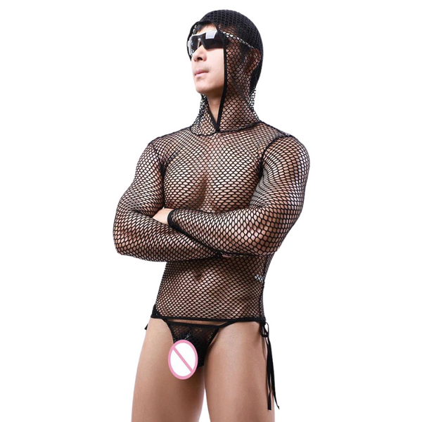 Model wearing a black fishnet hooded mesh T-shirt with long sleeves