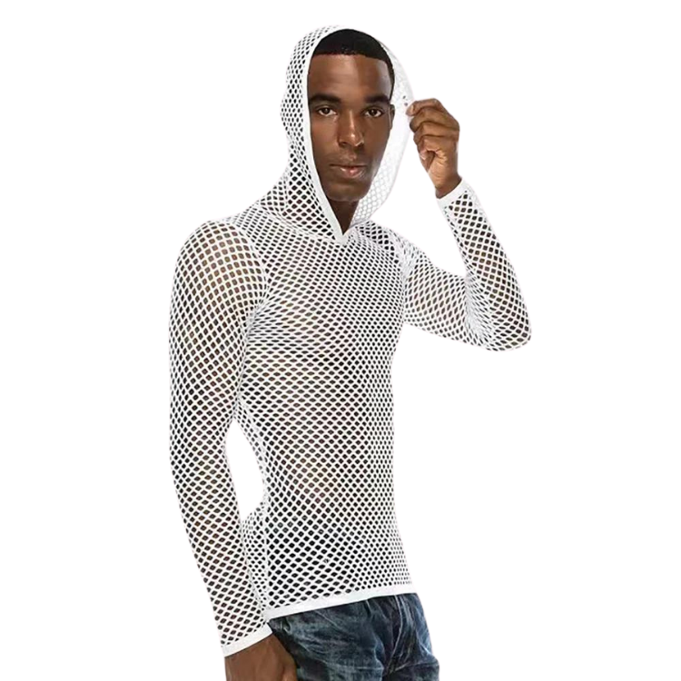 White fishnet mesh hooded long-sleeve shirt worn by a model