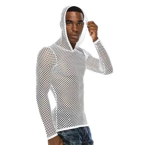 White fishnet mesh hooded long-sleeve shirt worn by a model
