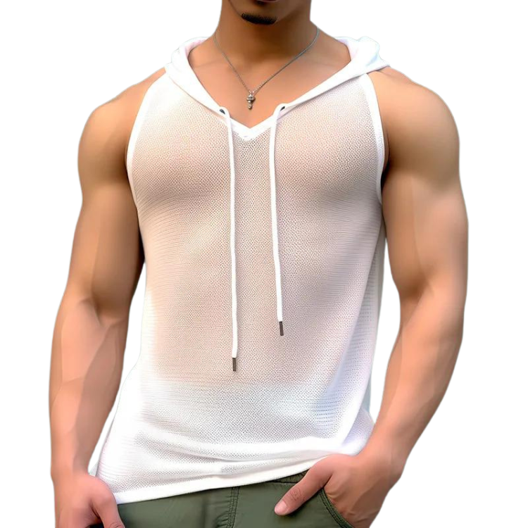 Front view of a muscular model wearing a sheer white mesh hooded tank top with drawstrings