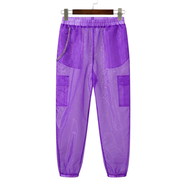 Front view of purple sheer mesh joggers hanging from a clip hanger